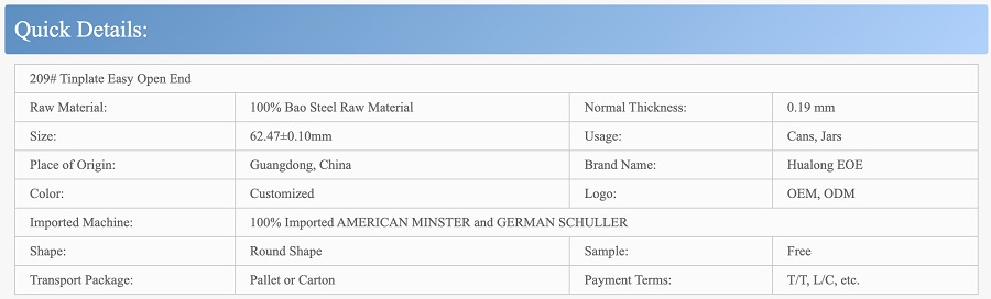 rectangular tinplate easy open end